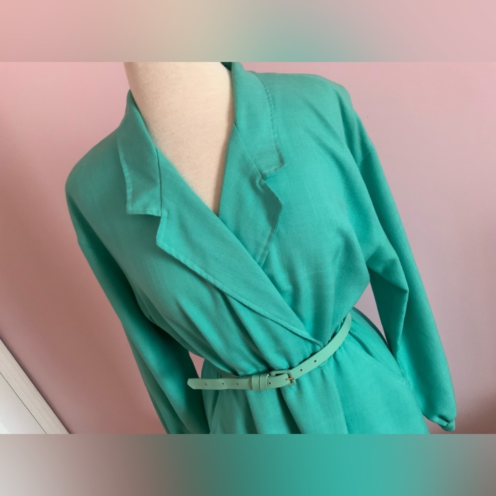 Vintage Teal Wrap-Style Long Sleeve Women's Dress with Belt - Picture 2 of 8